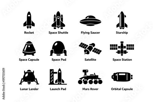 Icons of spacecraft and space technology: rockets, shuttles, satellites, rovers