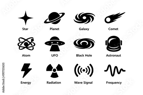 Icon set of astronomy and space symbols including planet, astronaut, atom, and comet