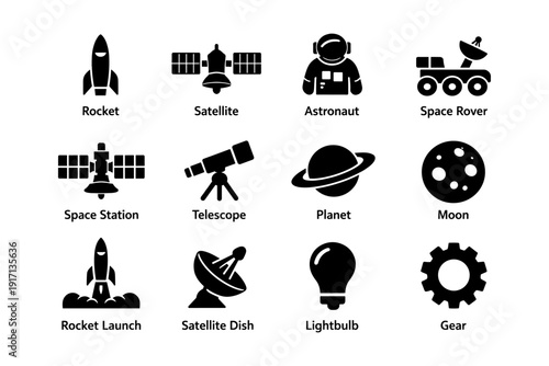 Space exploration icons featuring rocket, satellite, astronaut, rover, telescope, planet, moon, and gear