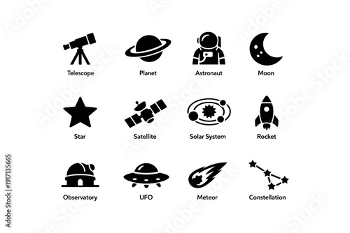 Space exploration icons featuring telescope, astronaut, rocket, ufo, and more