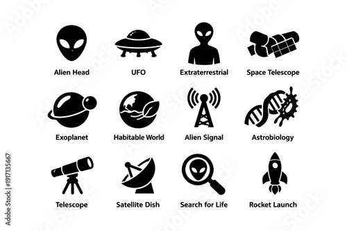 Alien exploration icons: ufo, space telescope, exoplanet, astrobiology, rocket