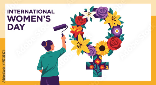 International Women’s Day poster of woman artist painting mural symbolizing creativity, freedom, self expression, empowerment, and appreciation for women in arts