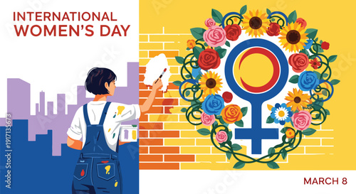 International Women’s Day poster of woman artist painting mural symbolizing creativity, freedom, self expression, empowerment, and appreciation for women in arts