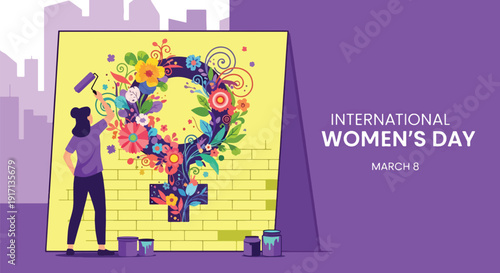 International Women’s Day poster of woman artist painting mural symbolizing creativity, freedom, self expression, empowerment, and appreciation for women in arts