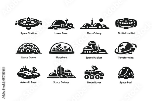 Futuristic space colonization icons: stations, habitats, rovers, and pods