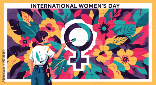 International Women’s Day poster of woman artist painting mural symbolizing creativity, freedom, self expression, empowerment, and appreciation for women in arts
