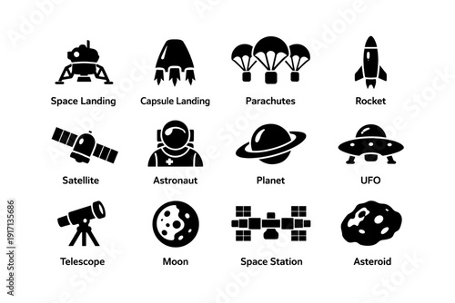 Space exploration icons: astronaut, rocket, ufo, satellite, planet, moon