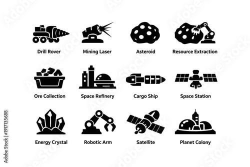 Futuristic space mining icons collection: tools, machinery, and exploration