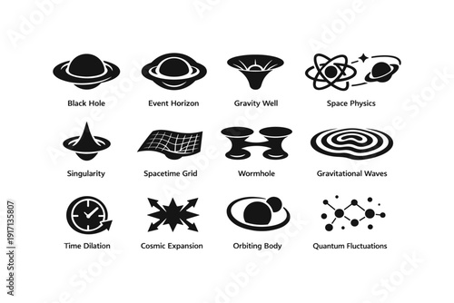 Astronomy and physics icons: black hole, gravity, spacetime, wormhole, quantum fluctuations