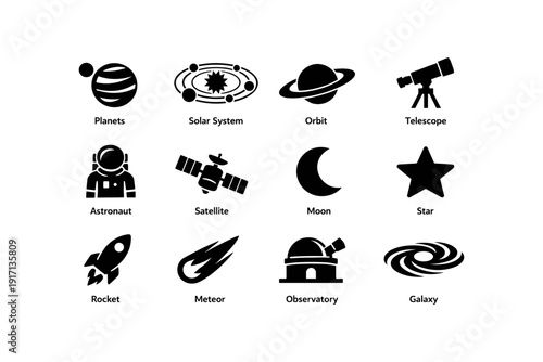 Space icons set: planets, solar system, orbit, telescope, astronaut, satellite