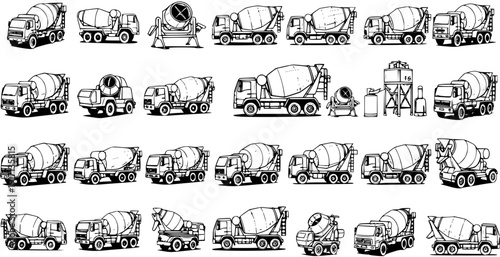 Extensive collection of concrete mixer trucks and construction vehicles. Set of black and white line art illustrations and icons for industrial themes.