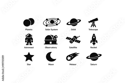 Space symbols: planets, telescope, astronaut, observatory, rocket