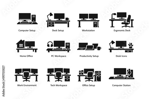 Variety of desk and workstation setups for productivity and comfort