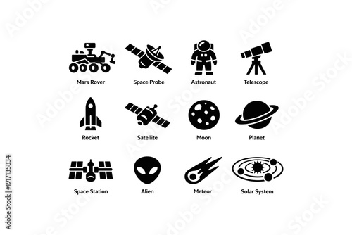 Icons of space exploration: rover, probe, astronaut, telescope, planets