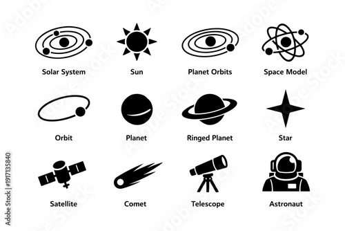 Solar system icons: sun, planets, orbits, satellite, astronaut, telescope