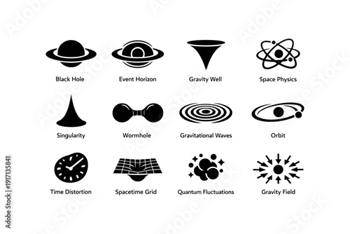 Black hole, wormhole, gravity well - icon set on space physics concepts