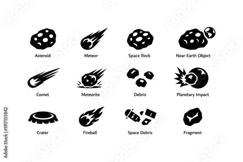 Icons of celestial objects and phenomena including asteroids and meteors