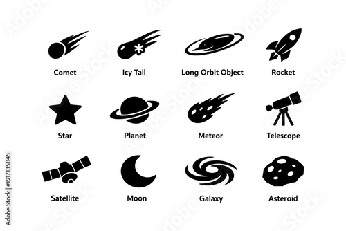 Space icons collection featuring comet, rocket, planet, telescope, and more