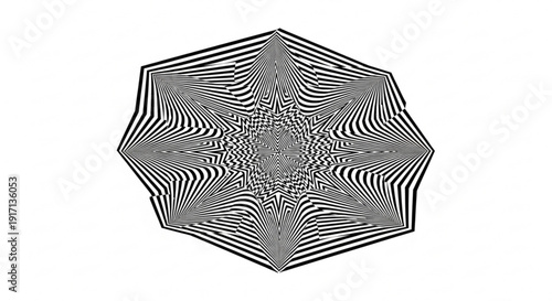 A black and white vector graphic illustration of a geometric shape with intricate lines and patterns