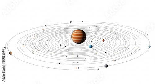 A vector graphic illustration of the solar system with planets and orbits around a central gas giant.