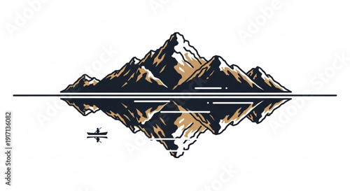 A minimalist vector graphic illustration of a mountain range with a small airplane flying by
