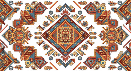 A vibrant and colorful Aztec-inspired pattern design with intricate geometric shapes and symbols