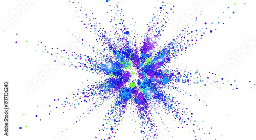 A vibrant and colorful vector graphic illustration of a dynamic explosion of particles in shades of blue, purple, and green on a white background.