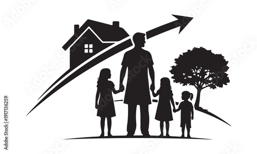 Family standing in front of a house with an upward arrow