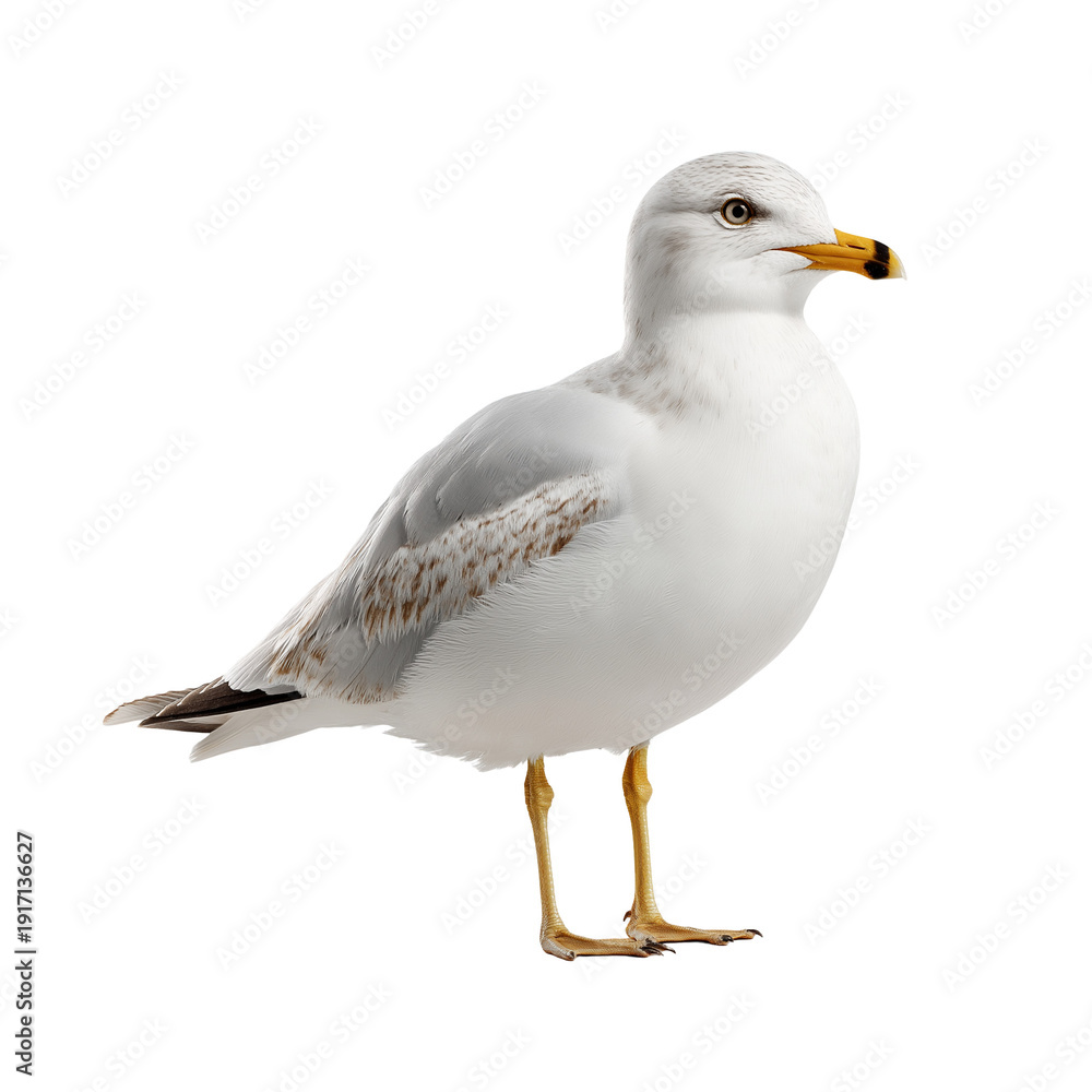 Obraz premium Seagull Bird Standing Isolated on Transparent Background – Realistic White Gull Cutout PNG for Coastal, Marine and Travel Design