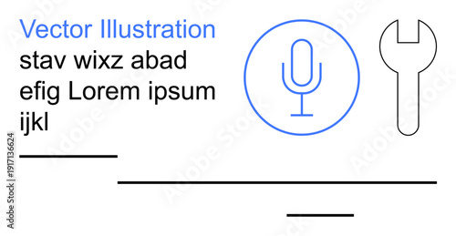 Audio technology, podcasting, tools, communication, maintenance, creative media. Minimalist microphone and wrench symbol with placeholder text. Audio technology and podcasting concept