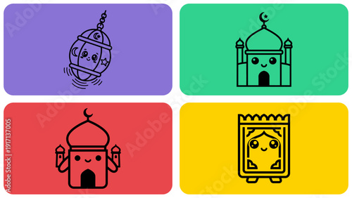 Cute Muslim themed icon set with mosque and Quran in colorful flat style