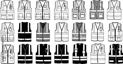 Collection of diverse safety vest illustrations, showcasing various high-visibility workwear designs in outline and filled styles for industrial, construction, and traffic safety icons.