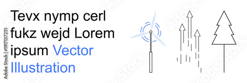 Renewable energy, sustainability, ecological growth, environment, energy efficiency, clean energy. Wind turbine, upward arrows and tree symbols. Renewable energy and sustainability concept