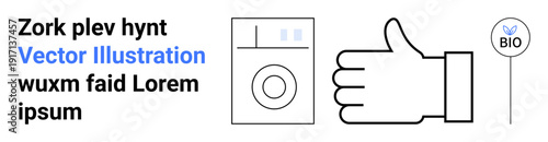 Eco-friendly products, sustainable living, environmental awareness, waste reduction, organic practices, clean energy. Washer, thumbs-up and bio label. Eco-friendly products and sustainable living