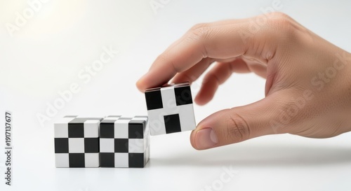 Human hand aligning innovation cubes with sharp foreground focus and subtle background blur on clean white backdrop.