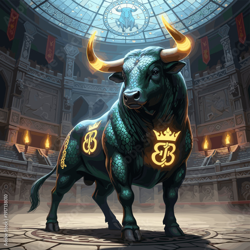 A majestic dark green bull with golden horns and glowing symbols stands in a grand ancient arena
