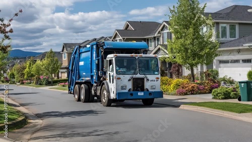 Medium shot of a garbage truck stopping in a residential neighborhood for biweekly curbside collection of household waste.