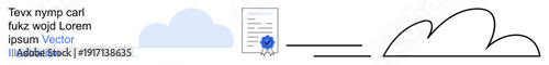 Cloud computing, data security, digital services, online verification, document transfer, authentication. A cloud, certificate and connection line. Cloud computing and data security