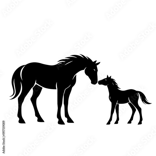Black silhouette of mare and foal standing together, isolated on white background. Symbol of family, love, care, motherhood, and protection. Perfect for farm, ranch, equestrian, and nature themes.