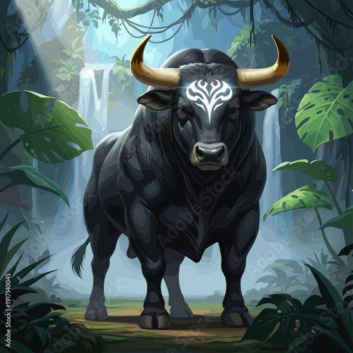 Majestic black bull with golden horns and glowing tribal symbol standing in a lush tropical jungle with a waterfall