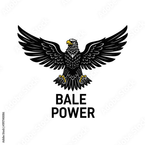 Majestic black eagle with widespread wings, yellow beak and talons, above BALE POWER lettering