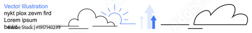 Weather patterns, climate change, environmental education, forecasts, sustainability, meteorology. Abstract design with clouds, sun and arrows movement. Weather patterns and climate change concepts
