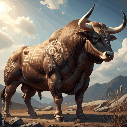 Powerful bull with glowing tribal patterns in a rugged mountain landscape under a cloudy sky