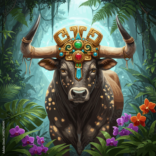 Majestic bull with an ornate golden jeweled headdress in a vibrant mystical jungle