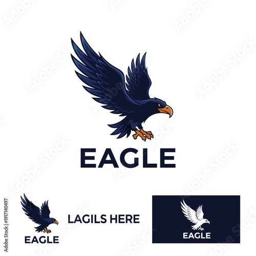 Powerful dark blue eagle with wings spread illustration