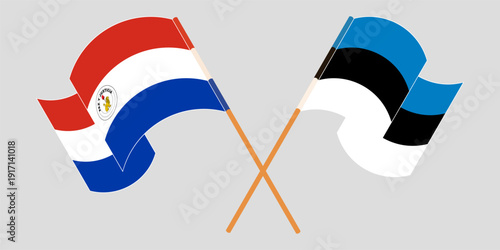 Crossed and waving flags of Republic of Paraguay and Estonia. Vector illustration