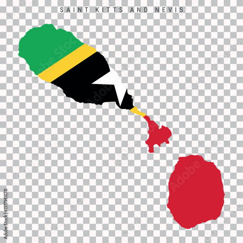 Map of Saint Kitts and Nevis filled with national flag colors. Country silhouette isolated on transparent background for geography, travel, education and infographic design use.