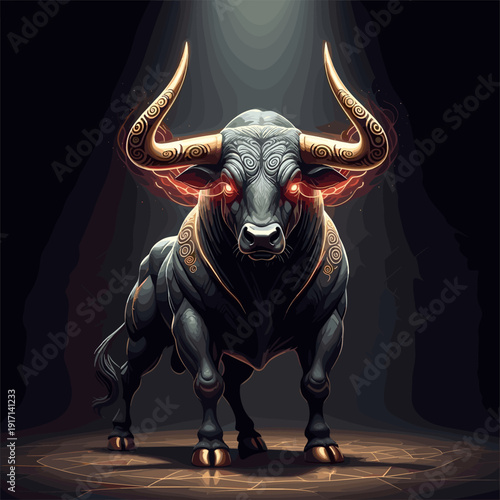 Powerful stylized bull with intricate golden patterns, glowing red eyes, and golden horns standing in a dark spotlight