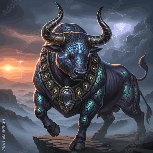 Powerful scaled mythical bull with glowing eyes stands on a mountain cliff under a dramatic stormy sky and sunset