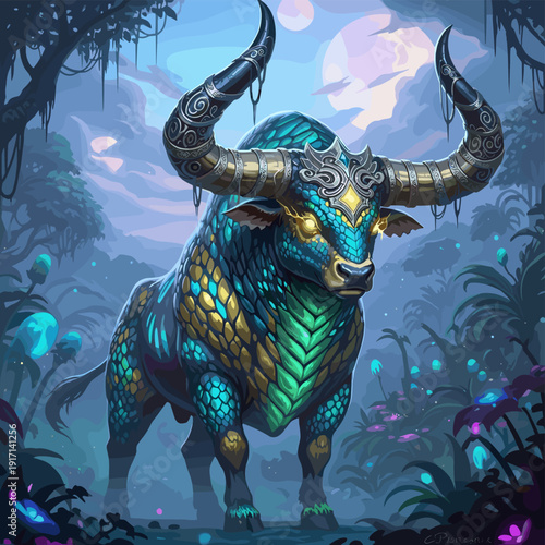 Majestic fantasy bull with ornate horns in a magical forest at night